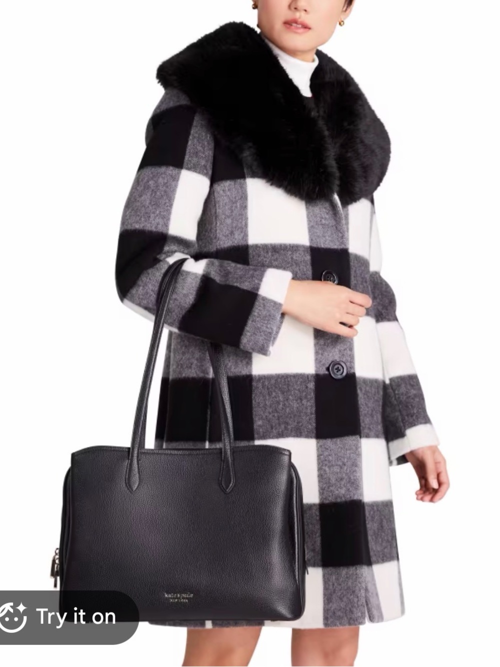 Kate Spade Checkered Plaid Wool Coat with Removable Faux Fir Trim - Size Medium